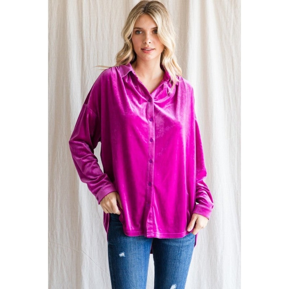 JODIFL Velvet Button Down Shirt Womens‎ Oversized Pleated Back Magenta Large L
